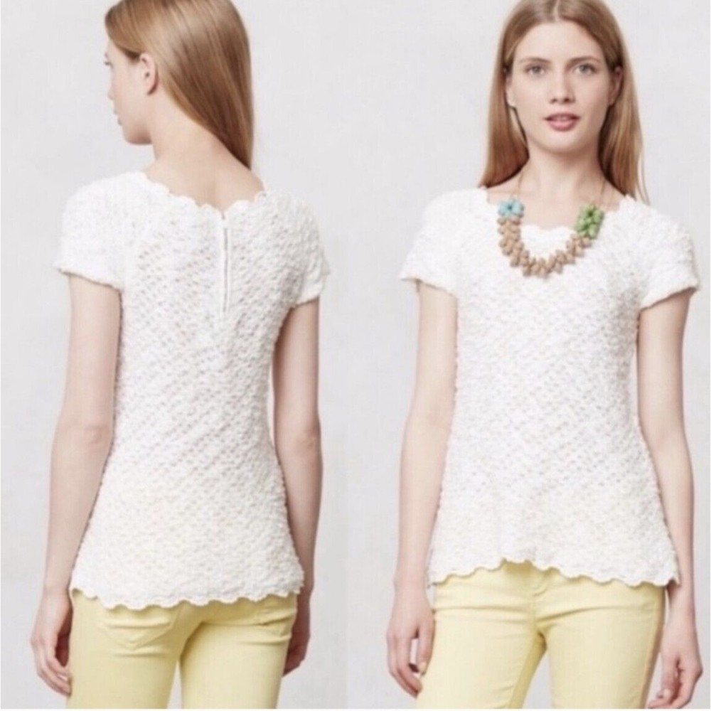 Knitted & Knotted Anthropologie Cassis Pullover Sweater Popcorn Knit White M